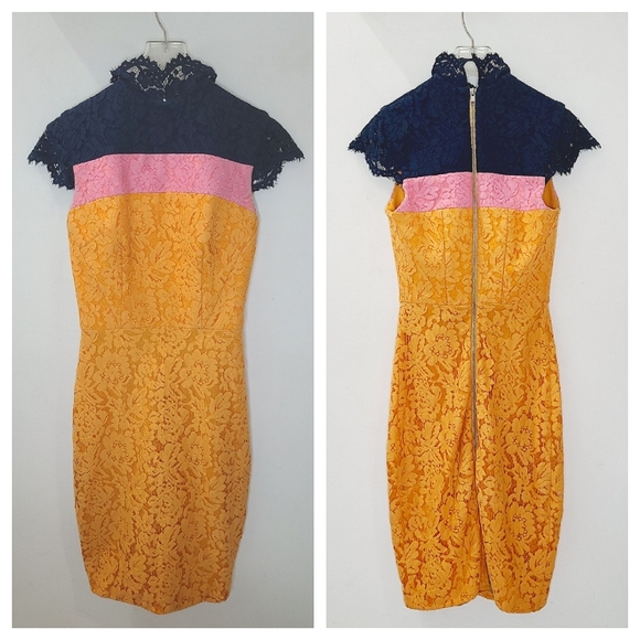 ALEX PERRY High Neck Lace Pencil Dress in Navy Pink & Orange Sz 6/S - Picture 14 of 15